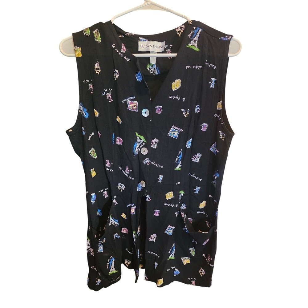 Vintage Betsy's Things Button Front Top 14 Womens Plus Size Black France Print